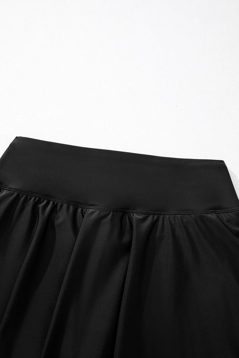 Solid Pocketed Crossover High Waist Swim Skort